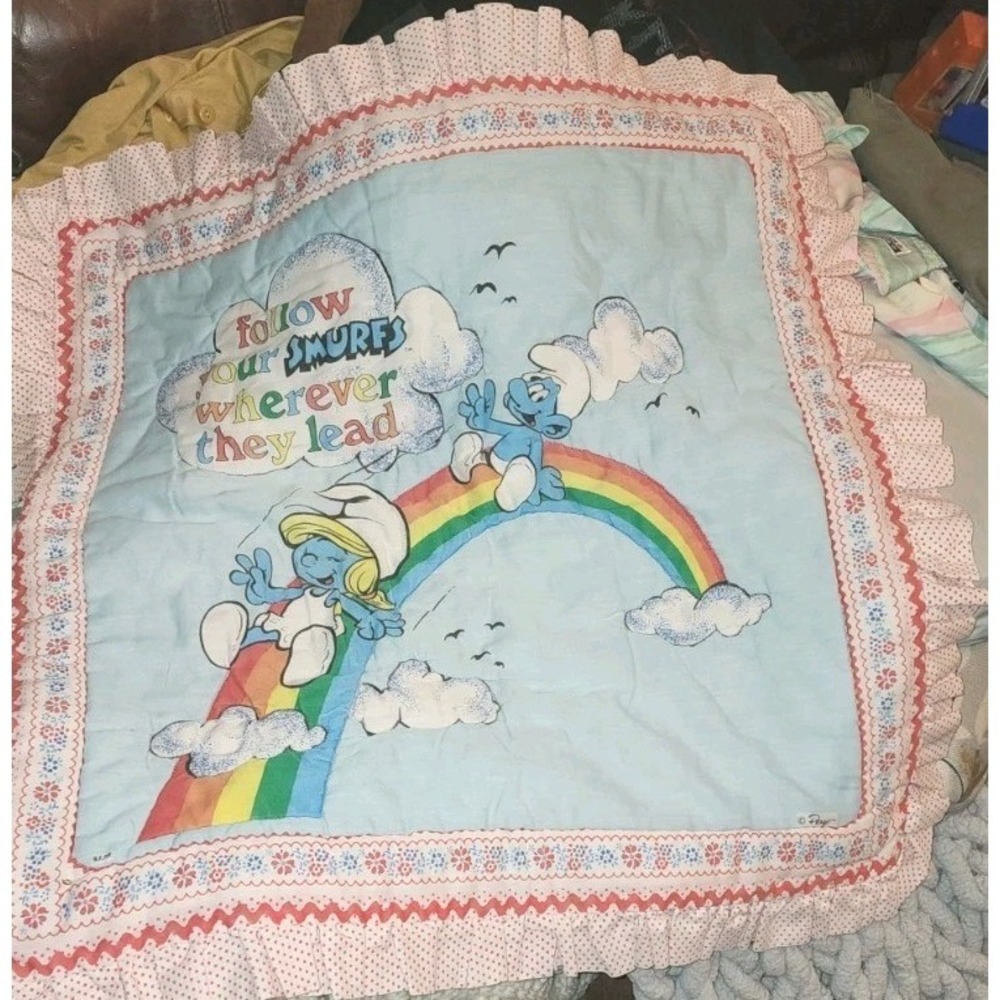 Vintage Smurfs Baby Blanket Quilt 27 X 27 inches Wall Hanging Rare Super Soft